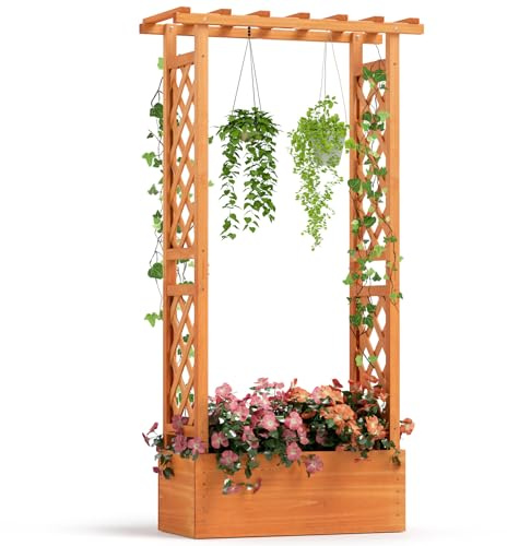 RELAX4LIFE Pflanzkasten mit Rankgitter & Dachregal, Blumenkasten mit Gartenspalier für Kletterpflanzen & Korbpflanzen, Rankkasten Holz, Blumenbeet für Balkon Terrasse Garten (Orange, 78 x 36 x 152 cm)