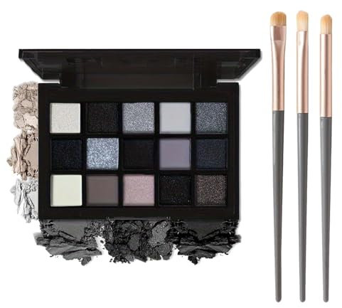 Goth Palette de fards à paupières, 15 couleurs fumées, noir, mat brillant, avec 3 pinceaux, imperméable, très pigmentée, pour maquillage quotidien et Halloween