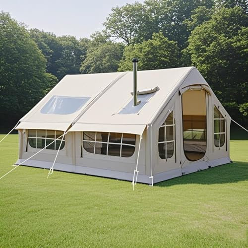 Zelt Aufblasbar, 6-8 Personen Aufblasbares Zelt mit Luftpumpe & Ofenloch, Familienzelt Luftzelt Camping Campingzelt für 4 Jahreszeiten, Großes Outdoor Pop Up Zelt Schnellaufbau
