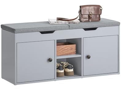 SoBuy Schuhbank mit Sitzfläche und Stauraum – Schuhregal platzsparend mit 2 Türen & verstellbaren Einlegeböden – Sitzbank Flur für 2 Personen, 150kg, Grau, 100x48x34cm – FSR96-DG