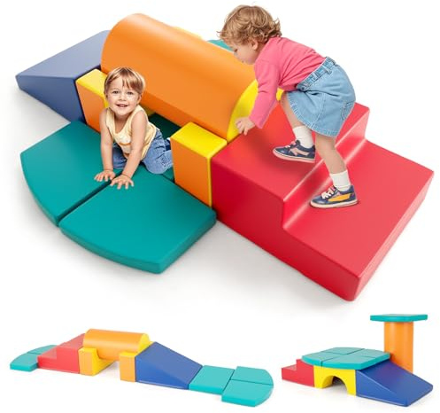 COSTWAY 10 TLG. Schaumstoff Bausteine, Softbausteine weich zum Klettern & Rutschen, Riesenbausteine aus PU, Großbausteine Kletterblöcke Indoor für Kinder ab 1 Jahr (Bunt)