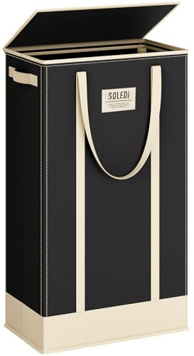 SOLEDI Tvättkorg smal med lock, 75 l tvättkorg med handtag för kläder, vikbara tvättkorgar för badrum, sovrum, tvättstuga, svart