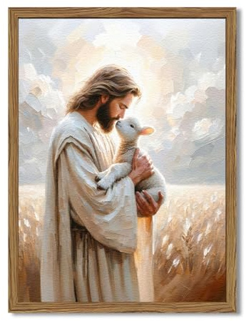 Gerahmte Wandkunst, Jesus und Lamm, 3D-strukturierter Sandstein, christliches das verlorene Lamm, Wanddekoration, Gemälde, Jesus hinterlässt die 99 Schafe, Bilder, Drucke, Heimdekoration für