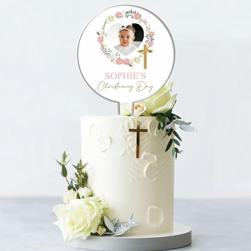 Personalised Photo Acrylic Cake Topper for Christenings, Holy Communions & Confirmations – Custom Child’s Name & Photo with Floral Wreath Designs (Christening Day, Pink Floral Wreath)