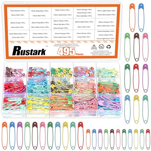 Rustark 495Pcs 3 Sizes Colored Safety Pins Assortment Kit Small Safety Pin Mini Safety Pins Clothing Tag Pin Rimming Fastening Clip Button for Clothes Name Tags DIY Crafting