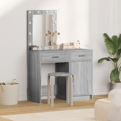 Brokky 3334241 Set da Toeletta a 2 Pezzi con LED in Legno ingegnerizzato Grigio Sonoma Toeletta Trucco,Scrivania Trucco per Camera da Letto,Toilette Trucco