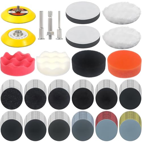 Set 133 Spugne Lucidanti - Tamponi Lucidatura 3 Pollici - Spugna e Lana - Per lucidare, levigare, cerare - Adatto per auto, trapano, lucidatrice (Multicolore)