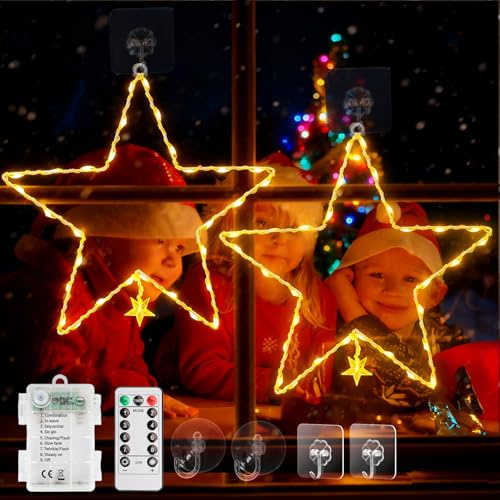 skelo LED Sterne Weihnachtsbeleuchtung Fenster, 64 LED Weihnachtsstern Beleuchtet Batteriebetrieben mit 3M Zuleitung, 8 Modi Timer Fensterbeleuchtung Weihnachten für Weihnachtsdeko Hochzeit(Sterne)