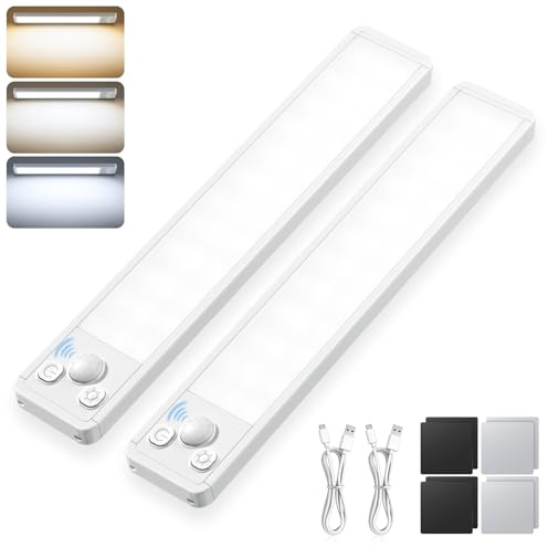 Under Cabinet Kitchen Lights Cupboard - LED Motion Sensor 3-Color Rechargeable Strip Light for Wardrobe Indoor USB Wireless Battery Powered Lighting Shelf Counter Closet with Magnetic Stick 2 Pack