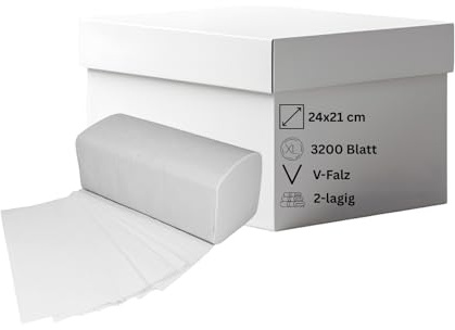 Papierhandtücher 24x21 cm – 2-lagige Falthandtücher weiß | ZZ-/V-Falz | 20 Packungen à 160 Blatt (ca. 3200 Stück)