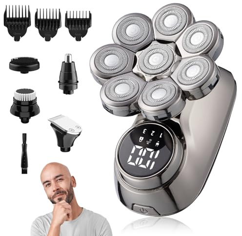 Anluomania Rasoir Tete Chauve Homme, 8D Rasoir Electriques Hommes, 5 en 1 tondeuse Crane Chauve Humide/Sec Étanche, Tondeuse Cheveux Homme, 8 têtes Flexibles, écran LED Tondeuse à nez et Brosse Visage