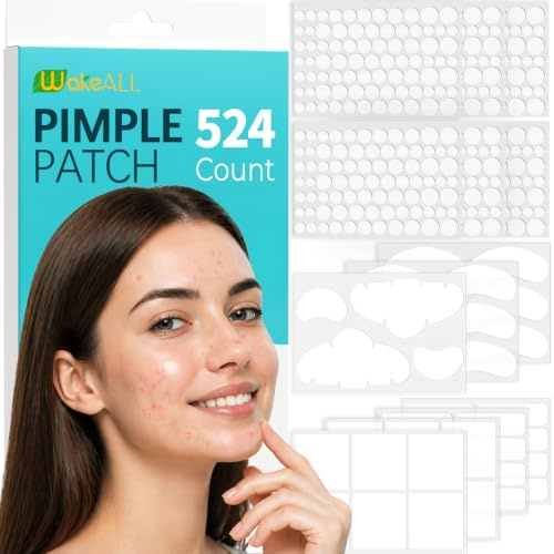 Parches Granos, Pimple Patches XL para el rostro, 524 unidades, para zonas extensas, con extracto de árbol de té, adhesivos grandes en 5 formas y 10 tamaños, absorben grasa y fluidos rápidamente