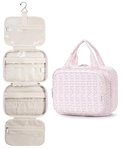 Narwey Hanging Toiletry Bag for Women Travel Makeup Bag Organizer Toiletries Bag for Travel Size Essentials Accessories Cosmetics (Pink Flower Buds (Medium))