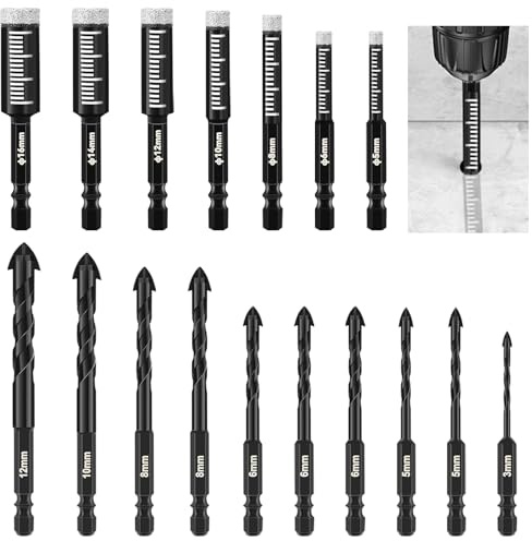 ATPWONZ Lot de 17 Forets Diamantés Carrelage - 7 Pièces Foret Diamant 5/6/8/10/12/14/16 mm + 10 Forets Metaux 3/5/6/8/10/12 mm, avec Tige Hexagonale, pour Granit, Porcelaine, Carrelage, Céramique