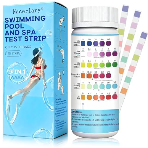 7-in-1 Hot Tub Test Strips, 175 Strips Pool Test Strips, Quick Water Testing for Swimming Pool & Hot Tub, Measures Chlorine, Bromine, pH, Alkalinity, Hardness, Water testing kit with Easy-Read Results