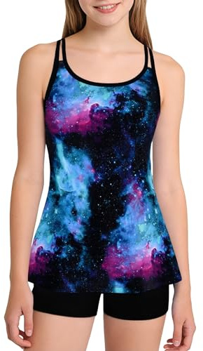 Amissz 2 Piece Girls Swimming Costume Padded Bras 7-16 Years, Girls Swimsuit Bathing Suit Quick Dry Tankini Set, Tankini Swimsuits Flowy Tank Tops with Shorts Bathing Suits for Teens