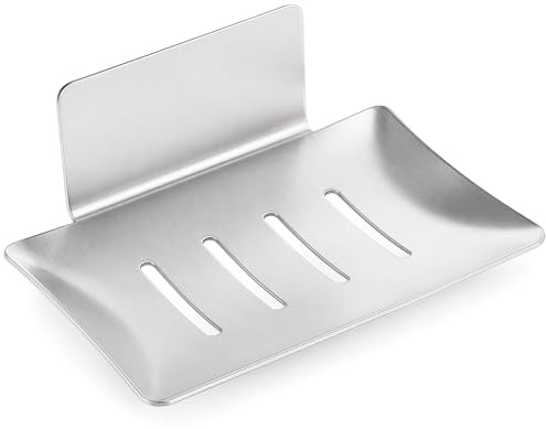 Porte-Savon Douche sans Perçage, Support Adhésif Acier Inoxydable avec Drainage, Étagère Murale pour Éponges Brosses Salle Bain Cuisine Balcon (Argent)