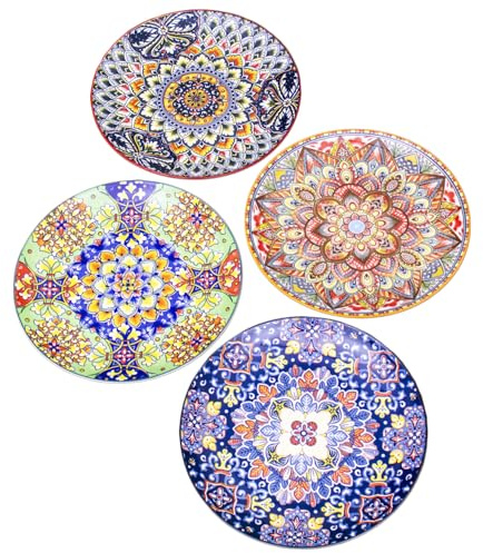Darthome Set of 4 Tuscany Mandala Dinner Plates, Ceramic, Multicoloured, 27cm, Mediterranean Style, Dishwasher and Microwave Safe