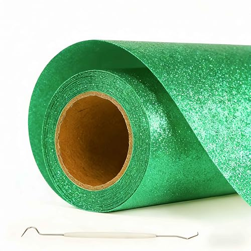 XAHMBSS Glitter Vinile Termoadesivo per Tessuti 30×200 cm,Pellicola per Plotter in Vinile a Trasferimento Termico,Facile da Tagliare e Eliminare,Vinile Permanente per T-Shirt (Verde)