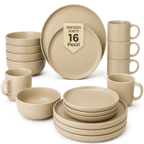 BAKAJI Servizio Piatti in Terracotta da 16 Pezzi per 4 Persone, Design Moderno in Gres Smaltato, Tazze, Piatti Fondi, Piani, Dessert, Resistenti ai Graffi, Lavabili in Lavastoviglie (Sabbia)