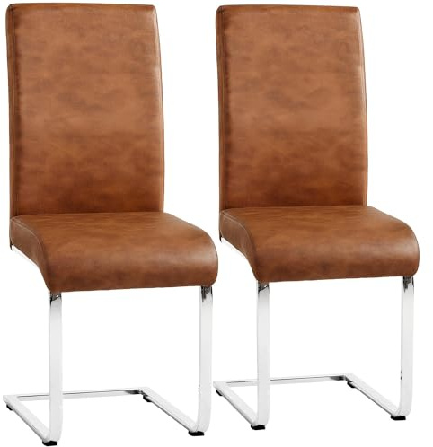 Yaheetech Esszimmerstühle 2X Schwingstuhl hohe Rückenlehne Rustikal-Braun | Moderner Küchenstuhl, Ergonomisch, Freischwinger mit Metallgestell, Kunstleder, für Küche, Esstisch, 135 kg belastbar
