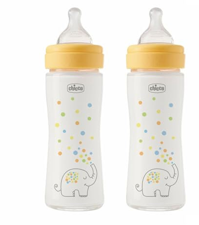 Chicco - Set di 2 biberon Well-Being in vetro, tettarella in silicone 0 m+ con effetto mamma, flusso normale per il cibo, 2 x 240 ml include 2 tettarelle in silicone - Made In Italy