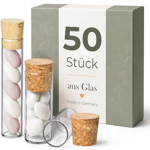 50 Stück Reagenzgläser mit Korken, Glasröhrchen für Gastgeschenke 100x20mm | Reagenzglas mit Naturkorken für Hochzeitsmandeln, Gewürze oder Badesalz als Geschenk zu Taufe, Hochzeit oder Kommunion