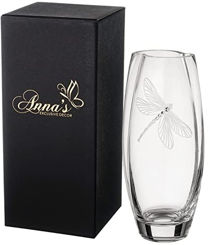 Vase en Verre de Luxe Fait à la Main – décoré avec des Cristaux et Motif Libellule gravé – Coffret Cadeau – Vase en Verre soufflé à la Bouche Transparent – 26 cm