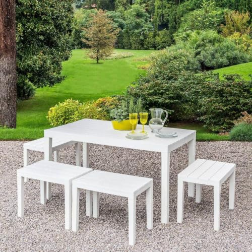 Dmora - Set Salotto da Esterno Sanremo, Composizione da Giardino con 1 Tavolo Rettangolare e 4 panchine, Salottino Indoor e Outdoor da PIC Nic, 100% Made in Italy, Bianco