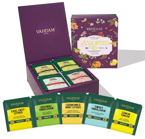 VAHDAM, Assorted Tea Gift Set | Classic Box - 24 Unique Flavor in Individually Wrapped Pyramid Tea Bags | Ideas for Tea Lovers | Gifts for Women & Men