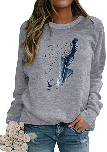 Dresswel Pullover Damen Feder Drucken Sweatshirt Langarmshirt Rundhals Langarm Shirts Herbst Winter Pulli Tops Oberteile Bluse(Grau,L)