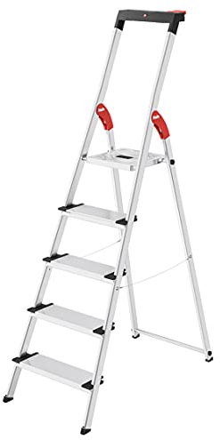 Hailo L75 ComfortLine Alu-Sicherheits-Stehleiter Jubiläumsmodell | 5 XXL-Stufen bis 150 kg | Stehleiter mit Ablagen, Bit-Steckplätzen, Akkuschrauber Halterung | Aluleiter made in Germany | silber