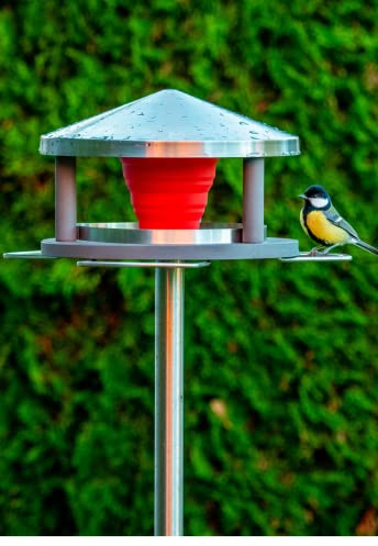 LicusDesign Vogelhaus mit Ständer wetterfest aus Edelstahl - Stabiles Vogelfutterhaus für draußen, modern aus Metall - Vogelfutterstation - Futterhaus für Vögel stehend