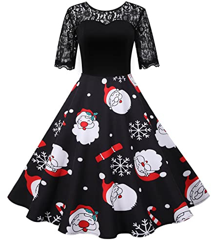 HAOLEI Women Christmas Dresses UK Clearance,Ladies Short Sleeve/Sleeveless Santa Xmas Dresses,Flared A Line 1950s Swing Dress Christmas Costume for Cocktail Party