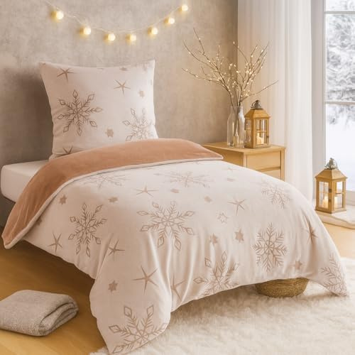 BaSaTex Plüsch Bettwäsche Set, 135x200 cm, Schneeflocke Beige | Plüsch Winter Garnitur, Öko_Tex Zertifiziert, Lasercut Prägedesign, Flauschig, Wärmend