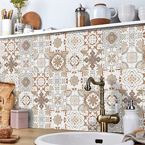Stickers Muraux Beige Marron Maroc Credence Adhesive pour Cuisine Pvc Imperméable Stickers Cuisine Carrelage Adhesif Mural Salle de Bain Autocollant Mural Papier Peint Salon 15x15cm/24 Pièces