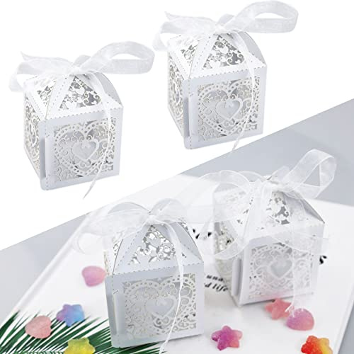 SZCXDKJ 50 Boîtes à Dragées Mariage Blanc à Fleur 5x5x7,5cm - Boîte Bonbon Boîte Cadeau pour Invités - Mariage, Baptême, Anniversaire