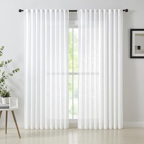 Treatmentex Linen Textured White Sheer Curtains for Living Room 72inch Long Pencil Pleat Light Filtering Semi Sheer Window Curtain Panels for Bedroom Sunroom Voile 54 w x 2 pcs