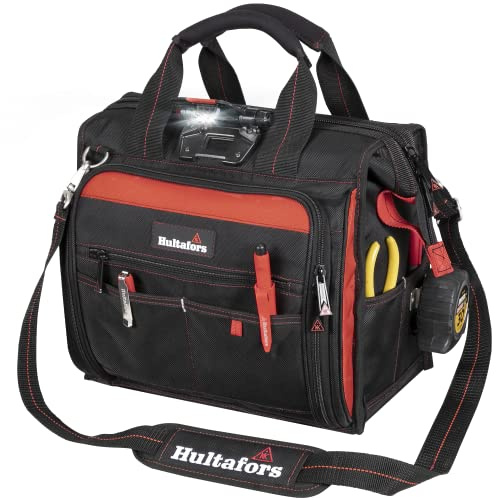 Hultafors Work Gear HTL573 Beleuchtete Techniker-Werkzeugtasche, 55 Taschen, robuster Werkzeugträger aus ballistischem Polyester, verstellbares Drehlicht, großes Mittelfach
