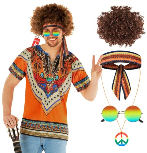 Morph Hippiekostym Herr Orange 70-tal - Komplett Retroutklädning med Peruk & Solglasögon för Vuxna Herrar, L