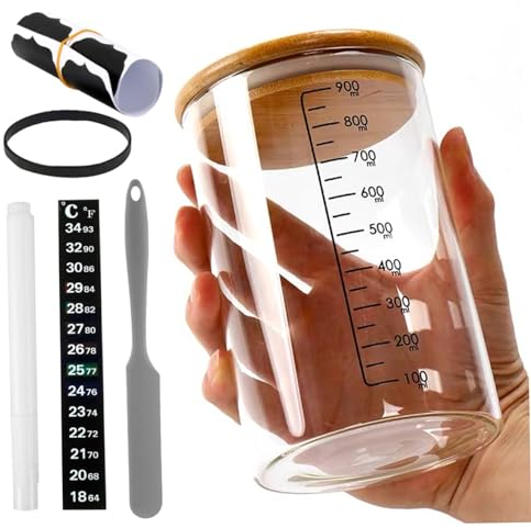 Sourdough Starter Jar Kit 900ML/30 Oz Sauerteig Starter Set Sauerteig Glas Sourdough Starter Kit with Scraper, Thermometer Strip, Marker and Lables, Reusable Glass Sourdough Bread Baking Supplies