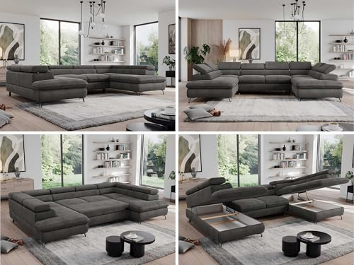 MKS MEBLE Sofa U, Wohnlandschaft U-Form, Ecksofa mit Schlaffunktion und Bettkasten, Schlafsofa mit Bettkasten, Couch mit Verstellbare Kopfstützen - Pedro U - Dunkelgrau Velvet Hydrophob