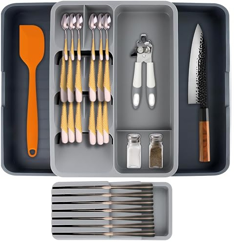 DAFFODILY® Besteckkasten für Schubladen – Verstellbarer Besteckeinsatz, Ausziehbarer Küchen Organizer mit 8 Geräumigen Fächern für Gabeln, Löffel, Messer