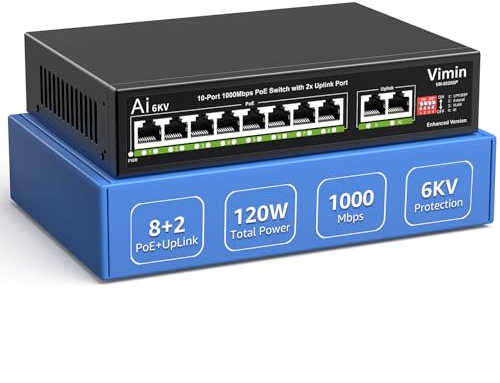 10-Port Gigabit PoE-Switch mit 8 PoE-Ports, VIMIN 8-Port Unmanaged 10/100/1000Mbps Netzwerk PoE-Switch mit 2 Uplink-Ports, AI Watchdog, VLAN, Verlängerung 250m, unterstützt IEEE802.3af/at