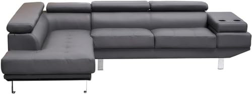 SofaHeaven Classic Left & Right Hand Side Bonded Leather Corner Sofa With Adjustable Headrests with Cup Holder (Grey, Left Hand Side)