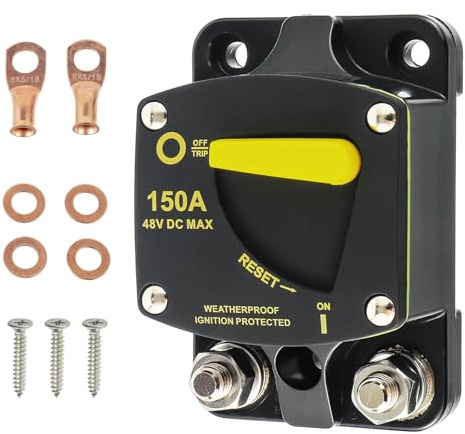 HUAREW 150A aripristino manuale interruttore, 12-48V DC Interruttore di Circuito Automatico Fusibile, con Capicorda Rondella In Rame per Audio per Auto Marine