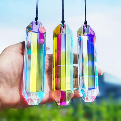 HDCRYSTALGIFTS Confezione da 3 prismi di grandi cristalli da 12,7 cm per finestre, acchiappasole colorati AB, da appendere per interni, prismi arcobaleno per decorare la casa e il giardino