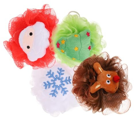 Healeved 4 Stück Weihnachts Badeschwämme Mit Aufhängeseil Körperpeeling Luffa Badebälle in Weihnachtsdesign Schnelltrocknend Duschschwamm Für Festliche Hautreinigung