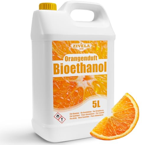 Bioetanolo 96,6% 5 l, profumo di arancio biologico 96,6% 5 l, bioetanolo per camino, caminetto, camino a bioetanolo, profumo di arancia, combustione pulita, senza fumo, fiamma vivida e stabile