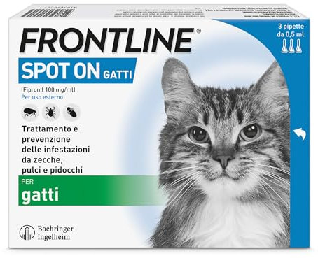 FRONTLINE Spot On, 3 Pipette, Gatto, Antiparassitario per Gatti e Gattini di Lunga Durata, Protegge da Zecche, Pulci e Pidocchi, Antipulci in Confezione da 3 Pipette da 0.5 ml